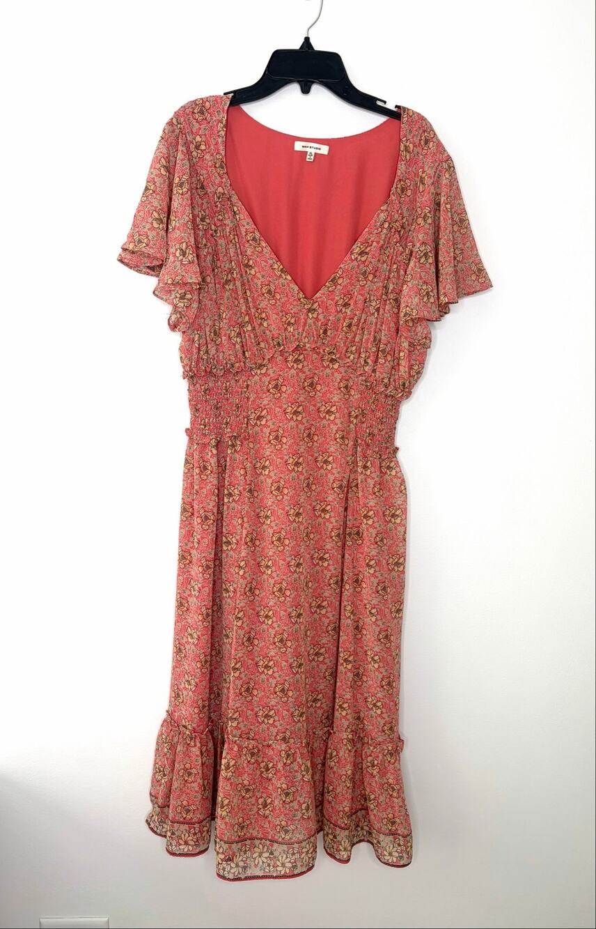 Max Studio Floral Midi Dress XL Flutter Sleeves Smocked Waist Tiered Hem Prairie